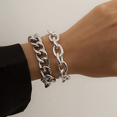 fxmimior Boho Fashion Dainty Simple Gold Silver Chain Beads Bracelets Set for Women Adjustable Beaded Chunky Flat Cable Chain Punk Bracelets Jewelry for Women Girls Gift Set of 2 (Silver)