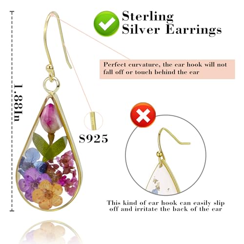 Handmade 925 Sterling Silver Pressed Flower Teardrop Earrings