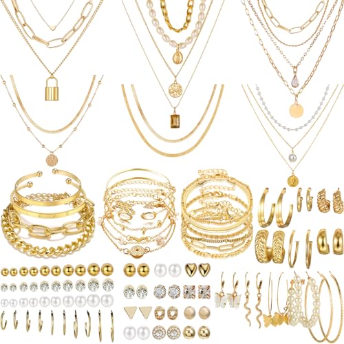 Gold plated necklace, bracelet, earrings set for women