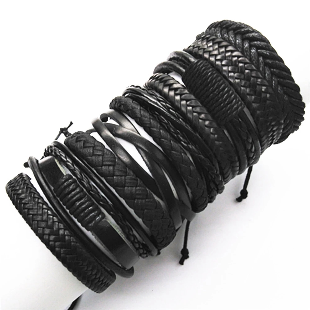 Set of 10 Black Woven Leather Bracelets Wholesale Gift