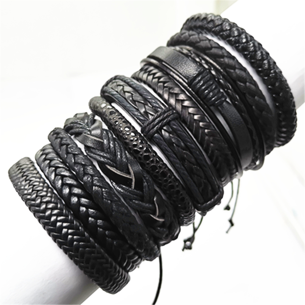 Set of 10 Black Woven Leather Bracelets Wholesale Gift