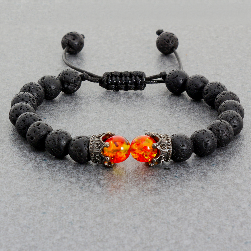 Black Lava Stone Tiger Eye Beads Crown Charm Bracelet