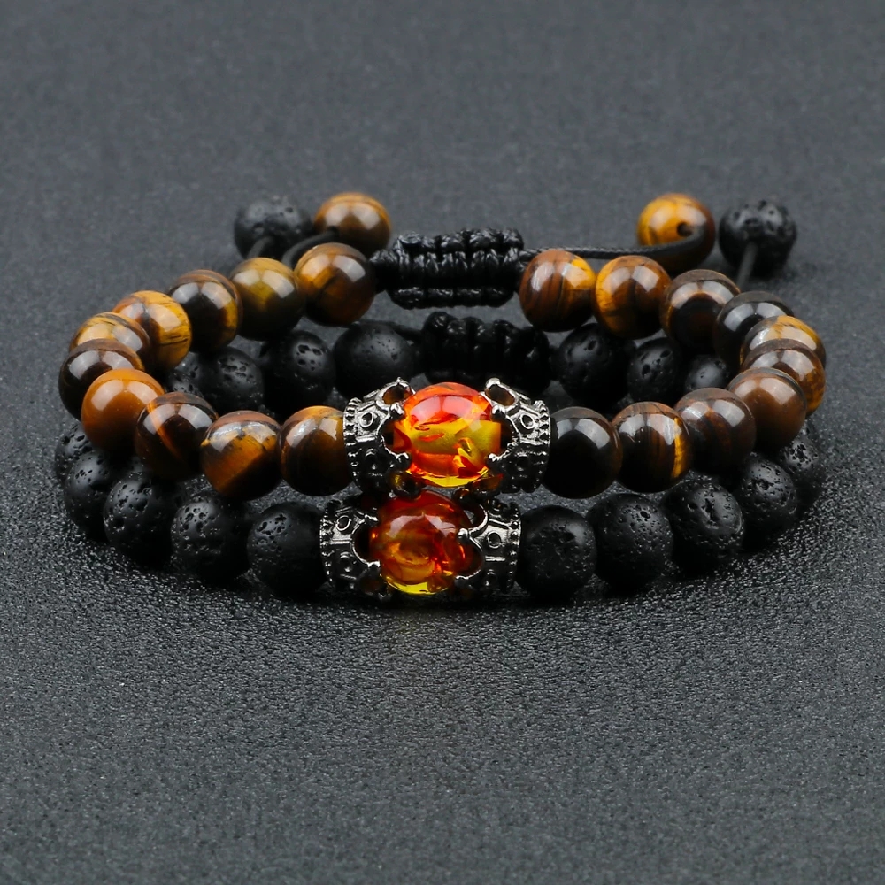 Black Lava Stone Tiger Eye Beads Crown Charm Bracelet