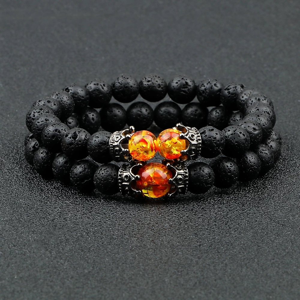 Black Lava Stone Tiger Eye Beads Crown Charm Bracelet