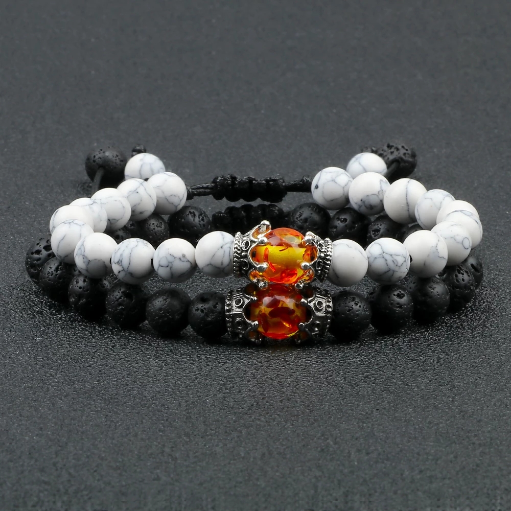 Black Lava Stone Tiger Eye Beads Crown Charm Bracelet