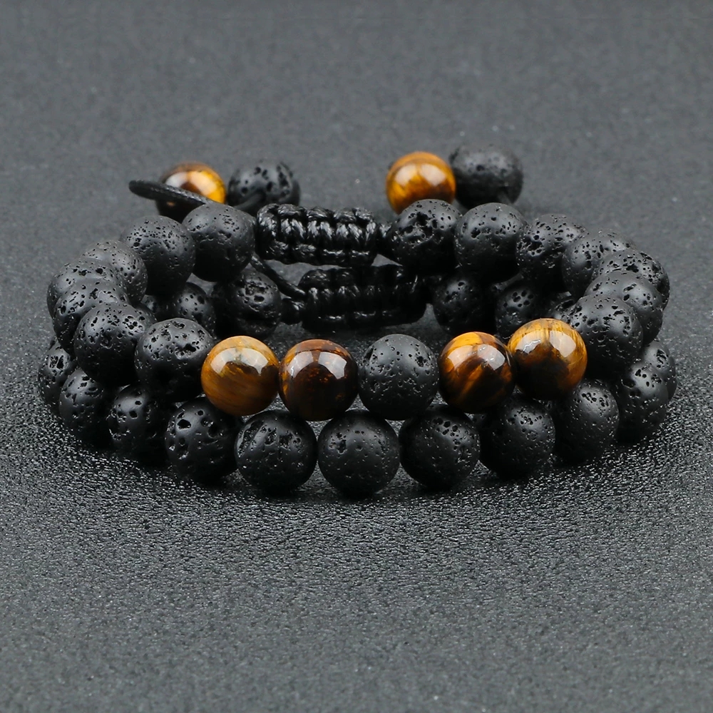 Black Lava Stone Tiger Eye Beads Crown Charm Bracelet