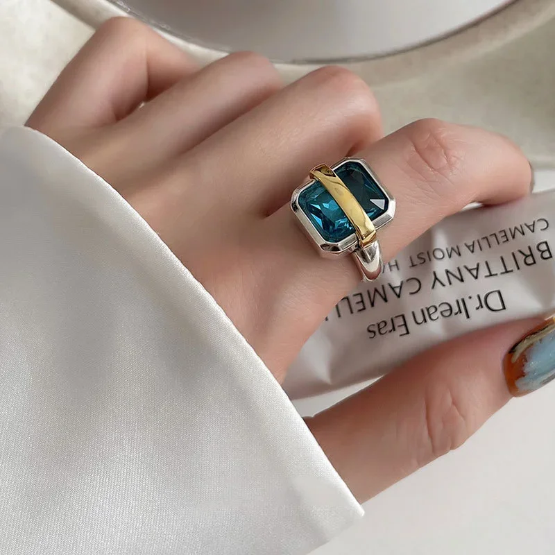 Vintage Blue Zircons Engagement Rings Large Square Adjustable