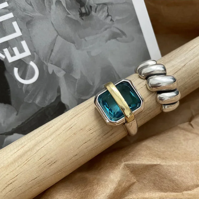 Vintage Blue Zircons Engagement Rings Large Square Adjustable