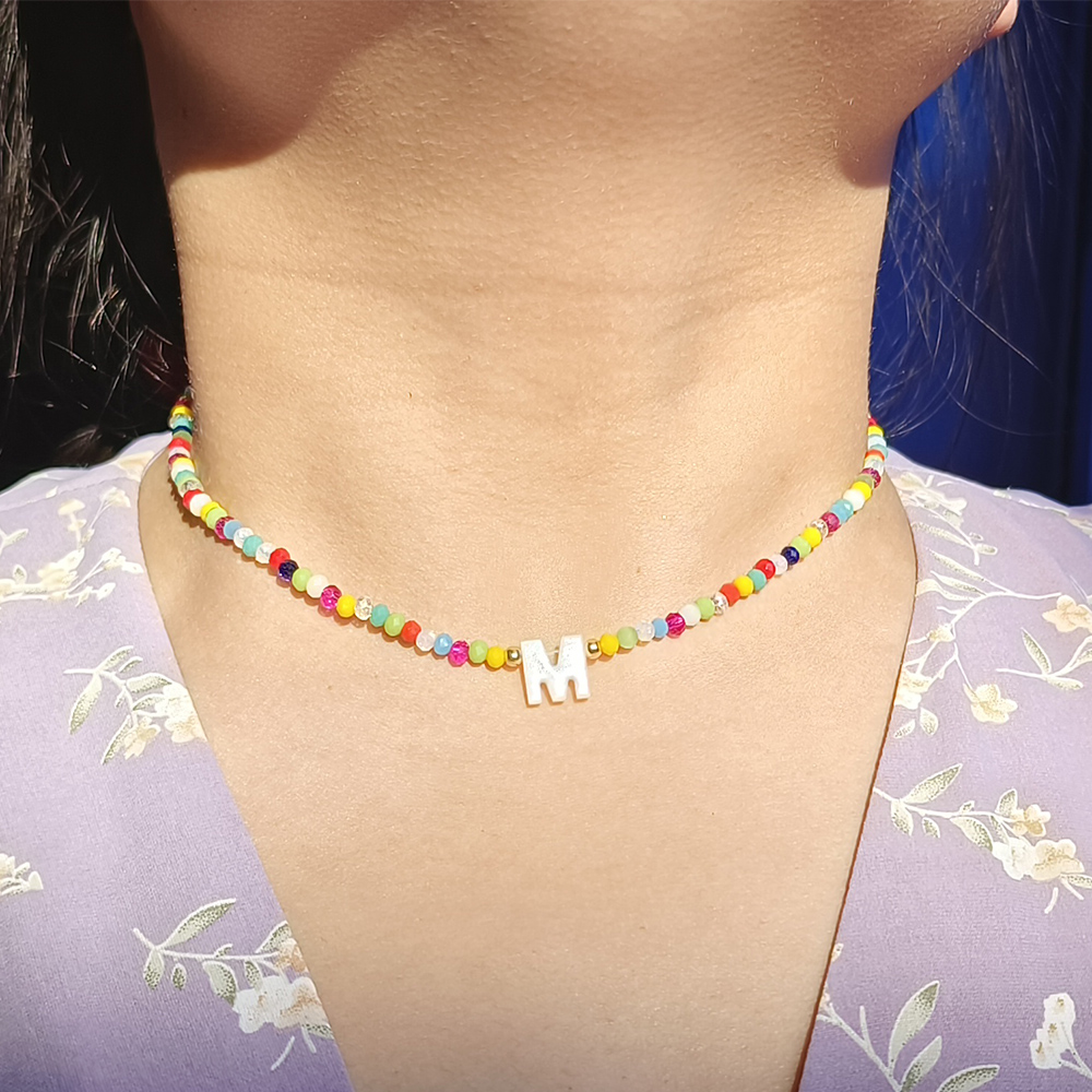 Handmade Glass Crystal Initial Pendant Necklace - Chokers