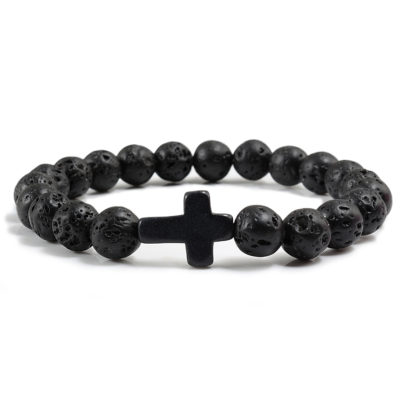 Black Lava Cross Charm Bracelet for Couples