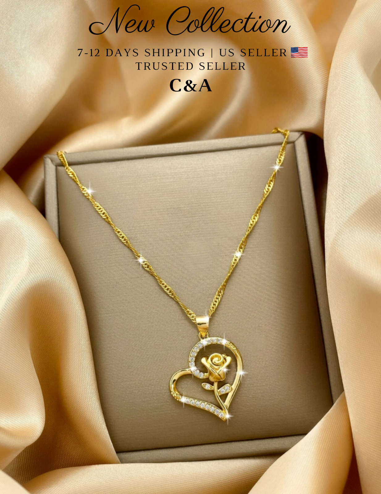 Heart flower pendant 18k gold plated necklace for women