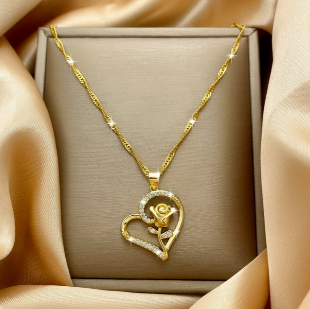Heart flower pendant 18k gold plated necklace for women