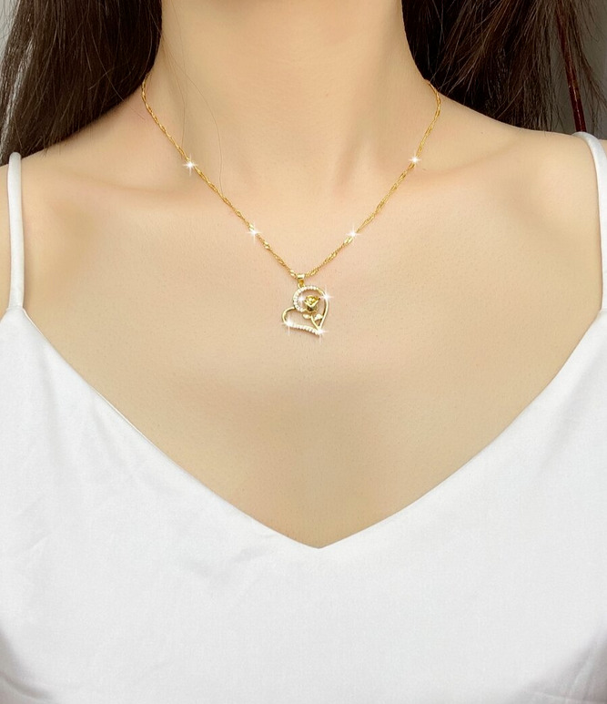 Heart flower pendant 18k gold plated necklace for women