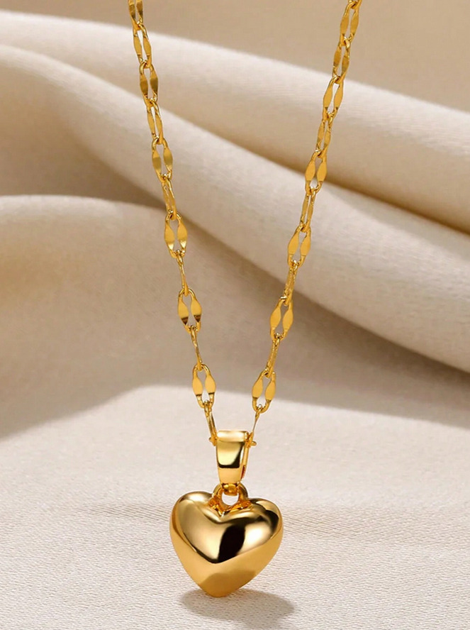 Heart-Shaped Stainless Steel Pendant Necklace - 18K Gold Plated