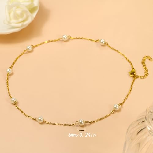Trinckle Gold Pearl Necklace, 6 mm Pearl Choker Necklace 15'' Pearl Necklaces for Women as Christmas Gifts Dainty Gold Choker Necklaces for Girls Bride Bridesmaid Wedding Birthday Beach Jewelry
