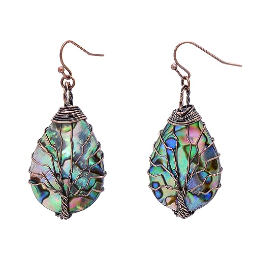 Teardrop Abalone Shell Tree of Life Earrings for Women