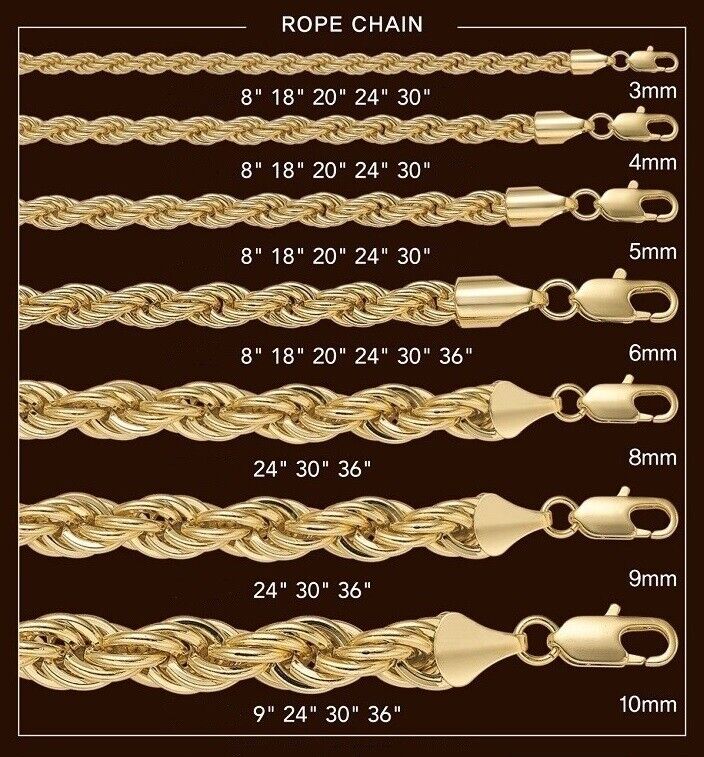 14K Gold Plated Rope Chain Necklaces in Various Sizes