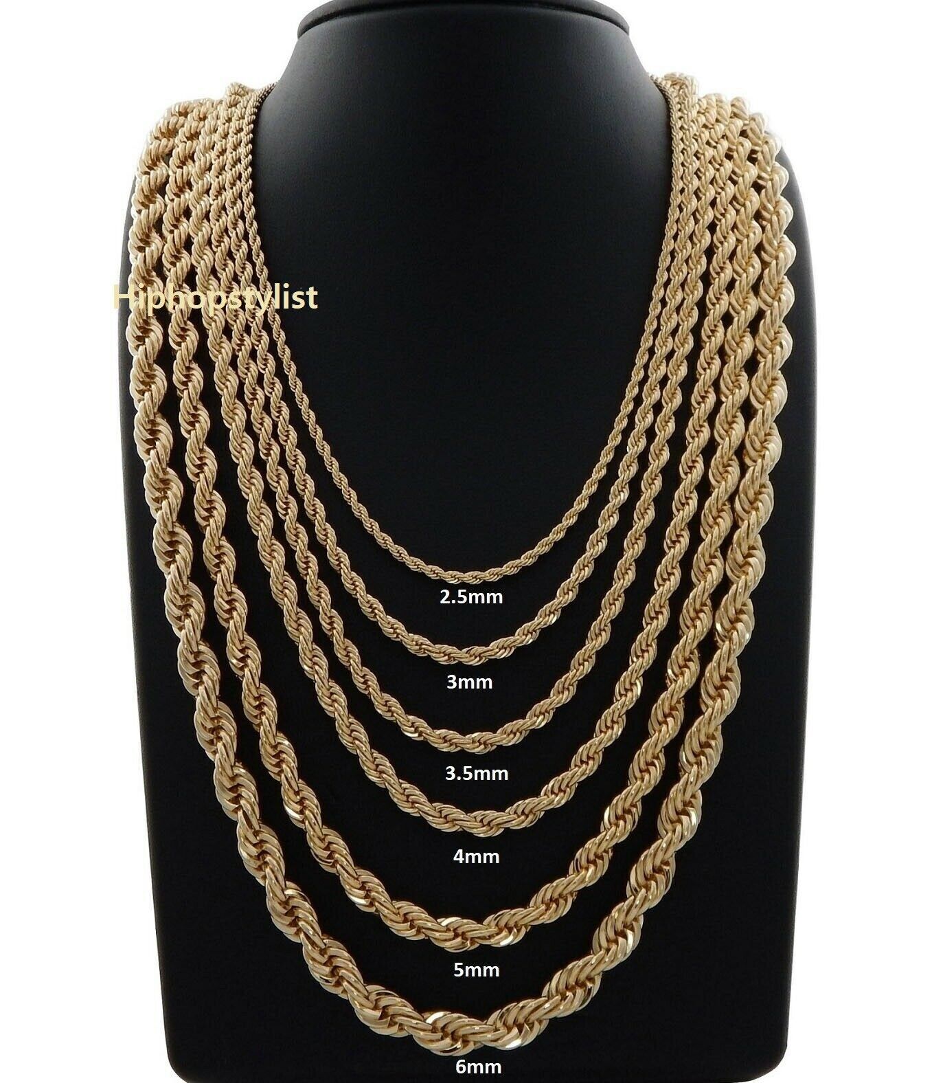 14K Gold Plated Rope Chain Necklaces in Various Sizes