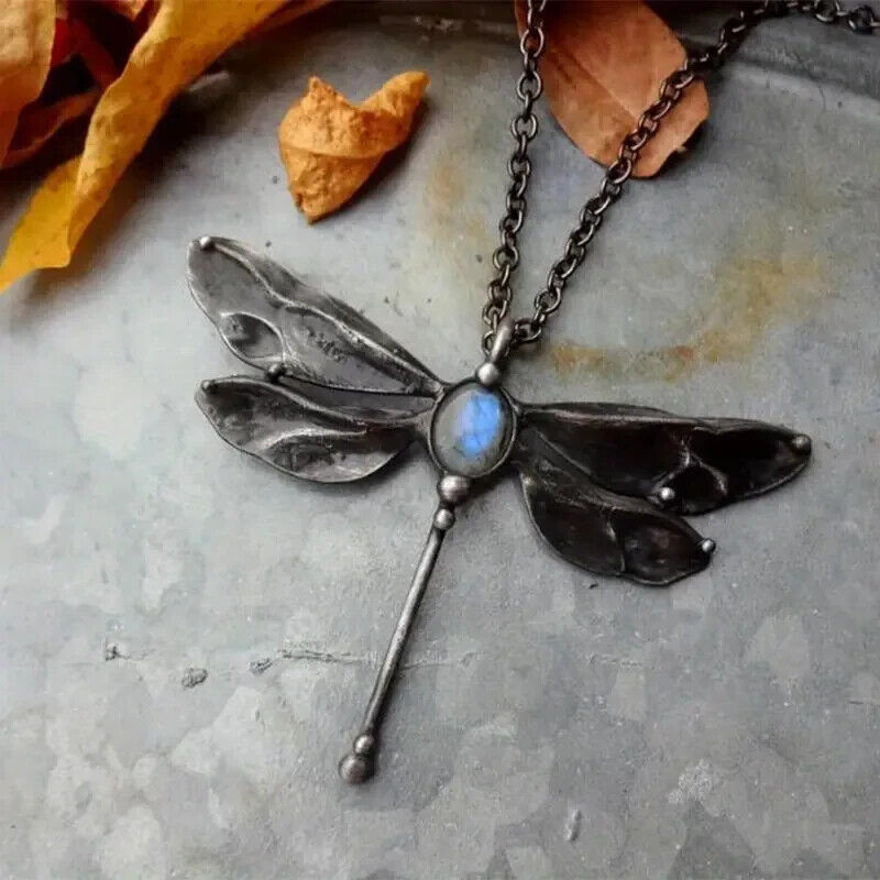 Dragonfly Moonstone Pendant Necklace - Retro Vintage Party Fashion