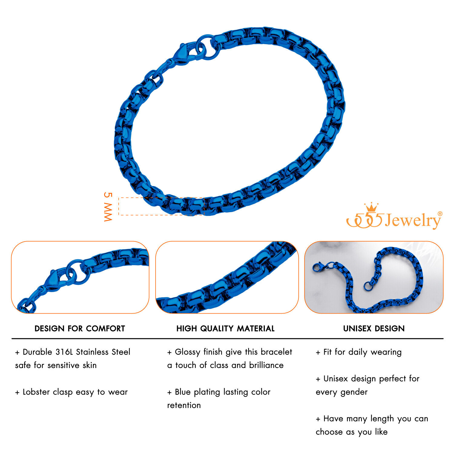 Elegant Stainless Steel 5mm Box Chain Bracelet