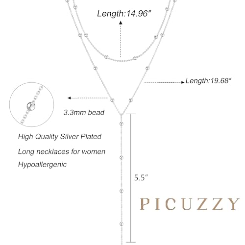 Picuzzy Lariat Necklace for Women, Dainty Silver Plated Layered Necklaces for Women Trendy Beaded Long Necklace Simple Jewelry Gift