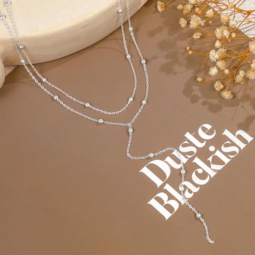 Picuzzy Lariat Necklace for Women, Dainty Silver Plated Layered Necklaces for Women Trendy Beaded Long Necklace Simple Jewelry Gift