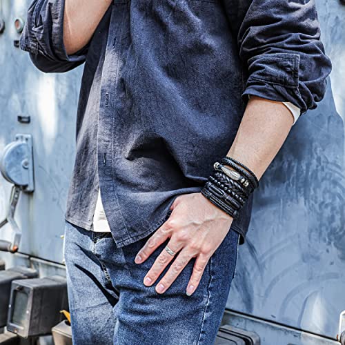 Mafnee 6PCS Braided PU Leather Bracelet Punk Cuff Wrap Bracelets for Men Women Adjustable Black