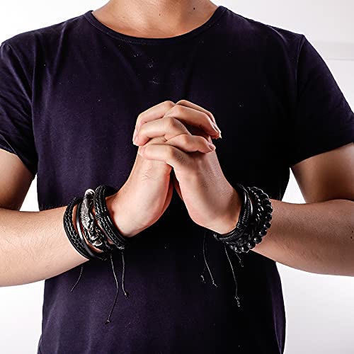 Mafnee 6PCS Braided PU Leather Bracelet Punk Cuff Wrap Bracelets for Men Women Adjustable Black