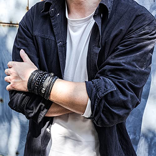 Mafnee 6PCS Braided PU Leather Bracelet Punk Cuff Wrap Bracelets for Men Women Adjustable Black