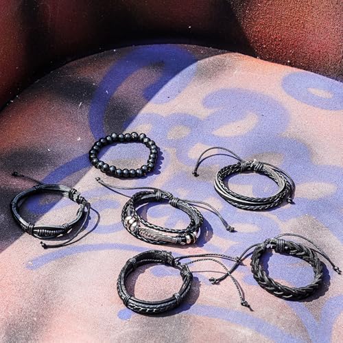 Mafnee 6PCS Braided PU Leather Bracelet Punk Cuff Wrap Bracelets for Men Women Adjustable Black