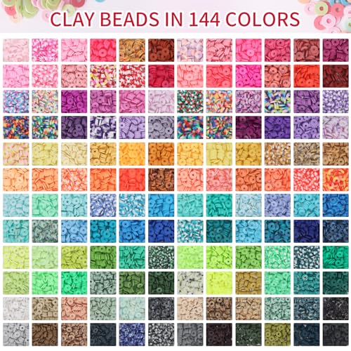 QUEFE 15000pcs, 144 Colors Clay Beads, Charm Bracelet Making kit for Girls 8-12, Polymer Heishi Beads for Jewelry, for Crafts Christmas Gifts