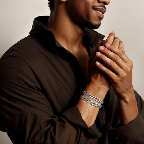 Zocomi Silver Chain Bracelets for Men Stainless Steel Stack Cuban Link Figaro Rope Chains Wrist Band Accessories Metal Mens Bracelet Pack Set Jewelry Gifts Him Male Pulsera Para Hombres 8.3 Inch