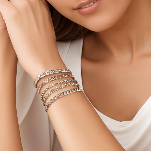 Zocomi Silver Chain Bracelets for Men Stainless Steel Stack Cuban Link Figaro Rope Chains Wrist Band Accessories Metal Mens Bracelet Pack Set Jewelry Gifts Him Male Pulsera Para Hombres 8.3 Inch