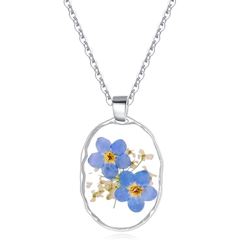 Personalized Forget-Me-Not Oval Pendant Necklace - Handmade Jewelry