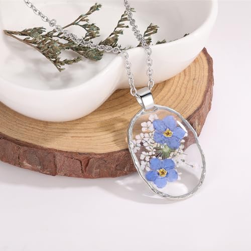 Personalized Forget-Me-Not Oval Pendant Necklace - Handmade Jewelry