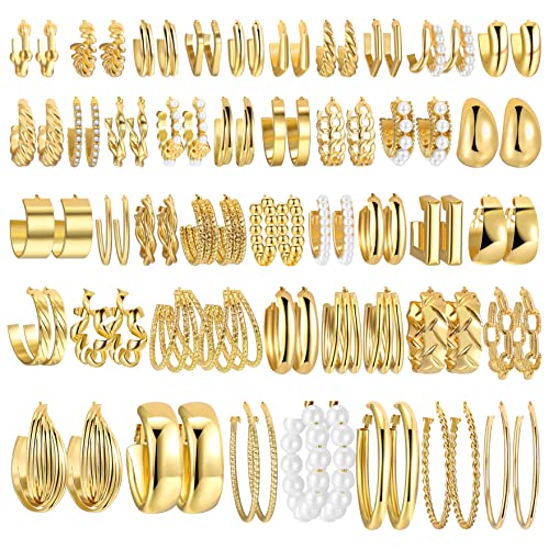 42 Pairs Gold Hoop & Pearl Earrings Set