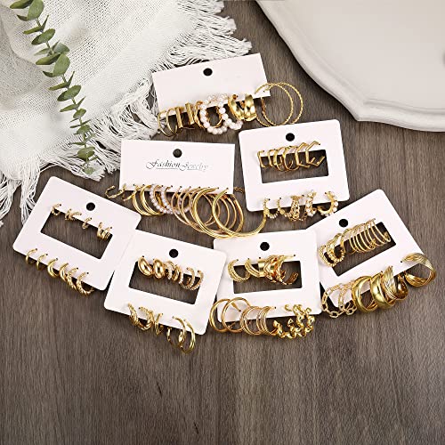 42 Pairs Gold Hoop & Pearl Earrings Set