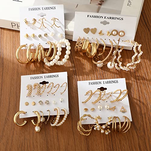 Gold Pearl Chain Link Earrings Set for Women