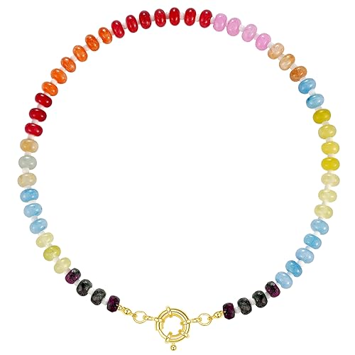 Colorful Gemstone and Pearl Bead Choker Necklace 14K Gold Plated