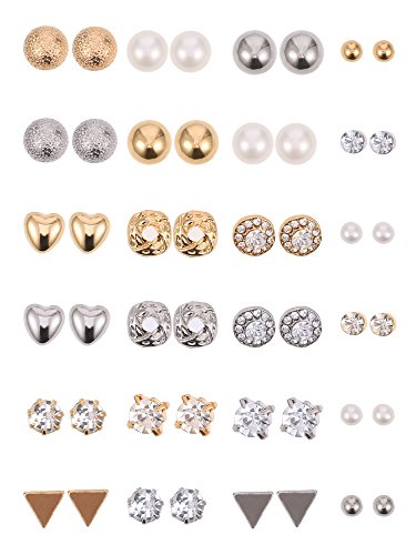 24 Pairs Crystal Pearl Stud Earrings Set