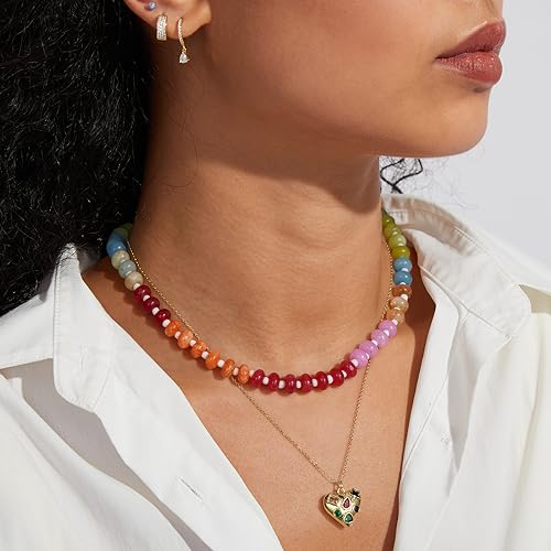 Colorful Gemstone and Pearl Bead Choker Necklace 14K Gold Plated