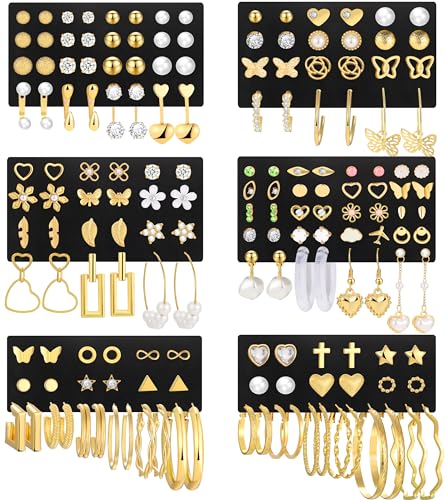 Gold Stud Earrings Set - 84 Pairs for Women