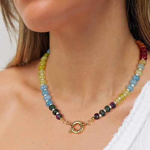 Colorful Gemstone and Pearl Bead Choker Necklace 14K Gold Plated