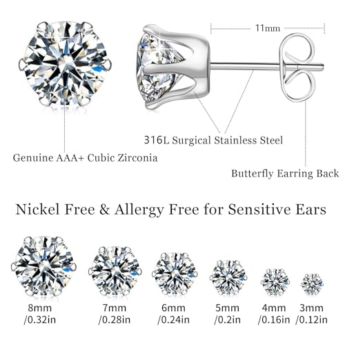 6 Pairs Hypoallergenic Cubic Zirconia Stud Earrings