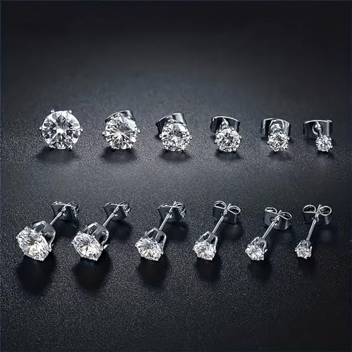 6 Pairs Hypoallergenic Cubic Zirconia Stud Earrings