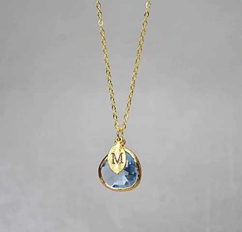 Blue Topaz Birthstone Necklace with Initial Pendant