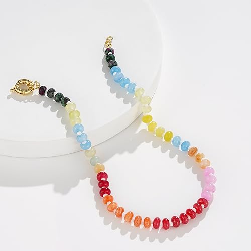 Colorful Gemstone and Pearl Bead Choker Necklace 14K Gold Plated