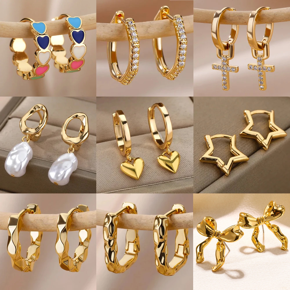 Gold Zircon Heart Stainless Steel Hoop Earrings