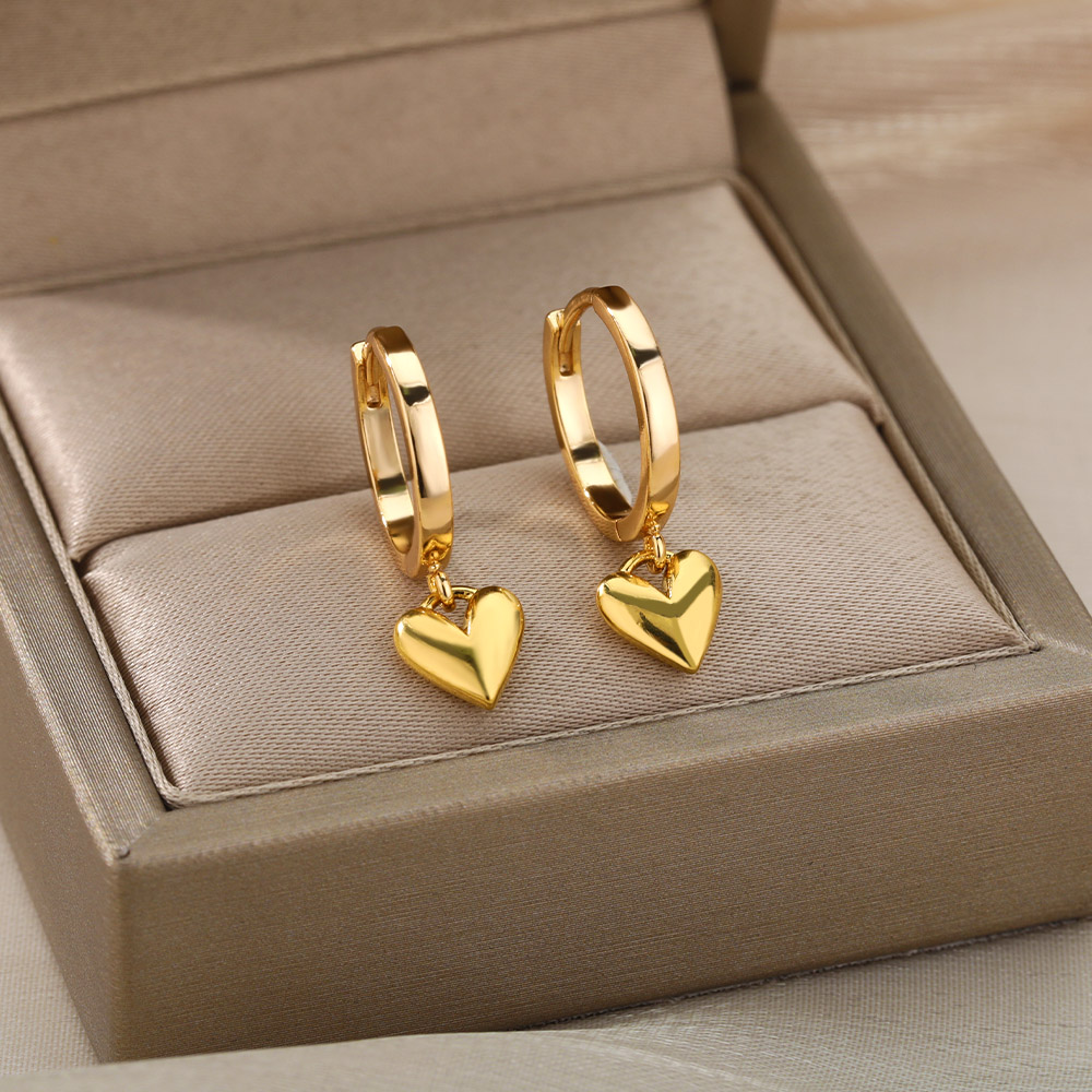 Gold Zircon Heart Stainless Steel Hoop Earrings