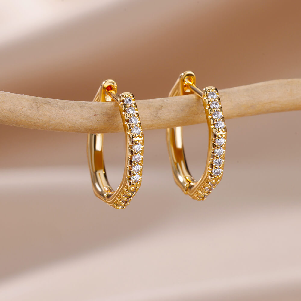 Gold Zircon Heart Stainless Steel Hoop Earrings